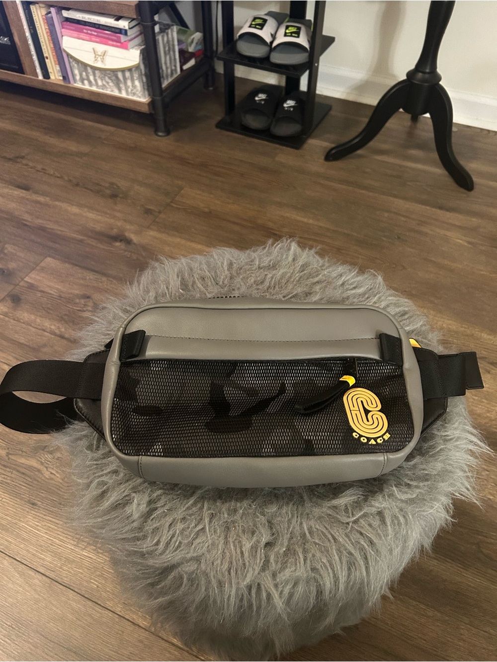 COACH Men’s Grey Calfskin and Mesh-Front Belt Bag with Yellow Logo Accent